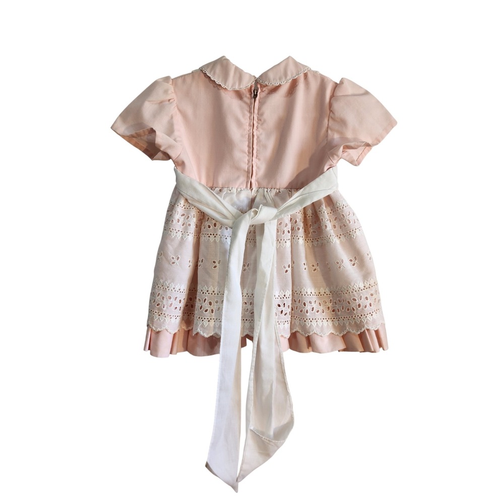 Vintage Pink Apron Eyelet Lace Dress Peter Pan Collar Floral Embroidery 2T - Picture 5 of 6